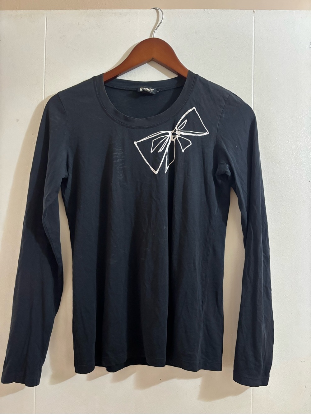 Dkny Black Long Sleeve Tee with White Bow Outline